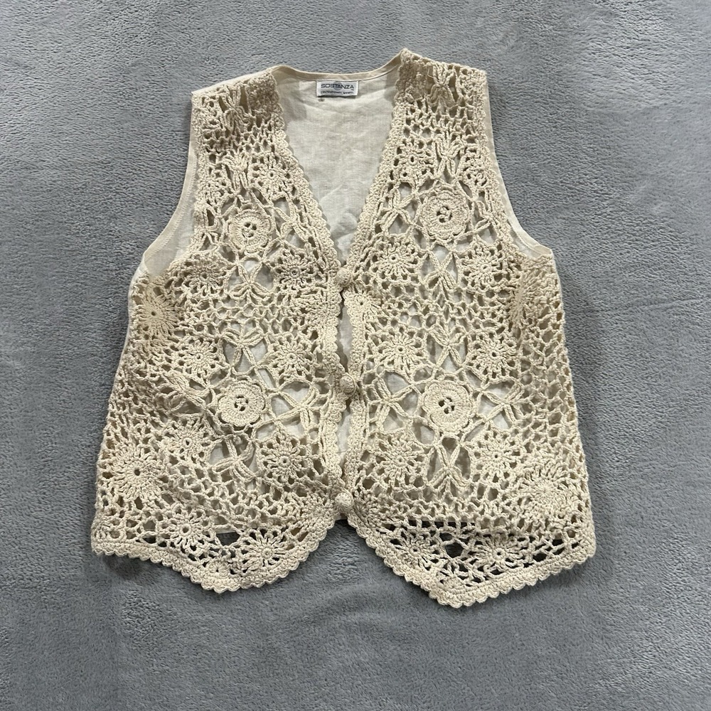 Sostanza Button Vest Top Women M Cream Boho Coquette Vtg Beach Crochet Linen